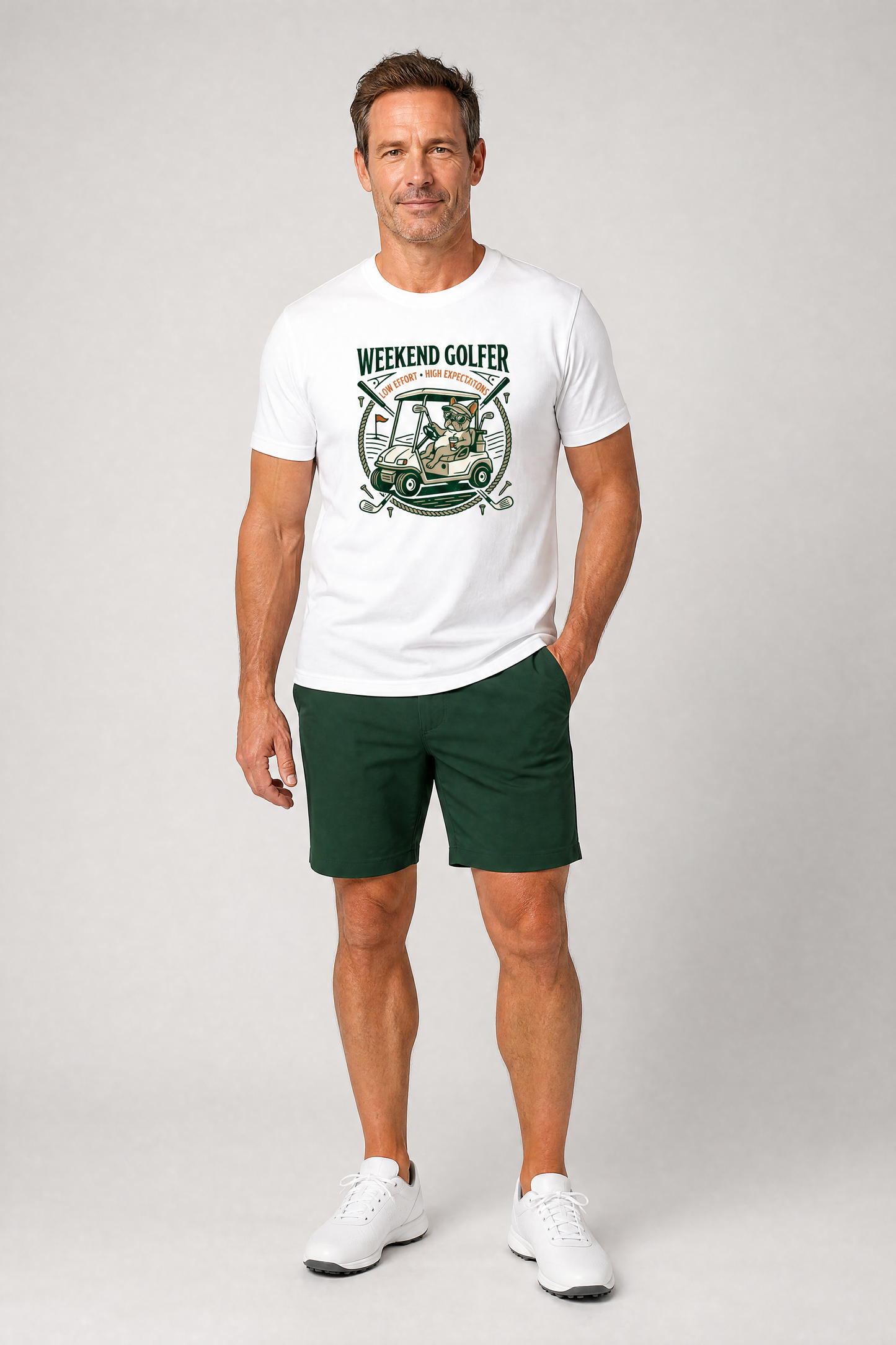 White t-shirt with french bulldog golf weekend golfer print, unisex crew neck