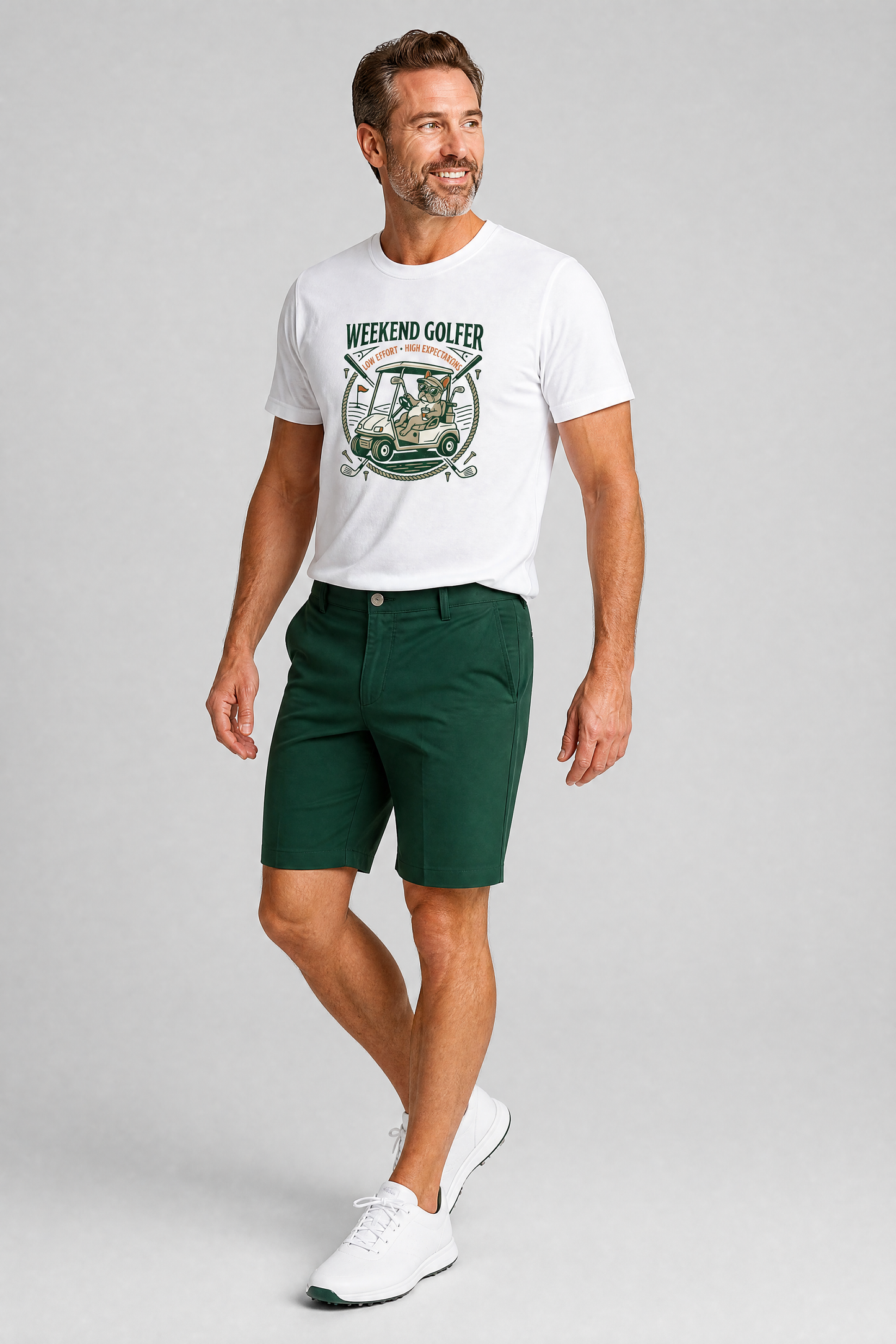 Woman wearing white t-shirt with french bulldog golf weekend golfer print