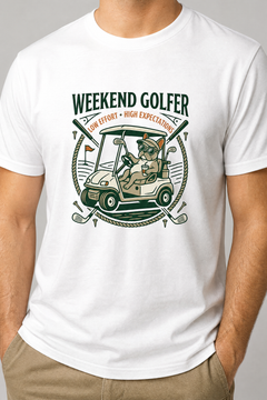 White t-shirt with 'Weekend Golfer' graphic design featuring a cartoon golfer in a cart.