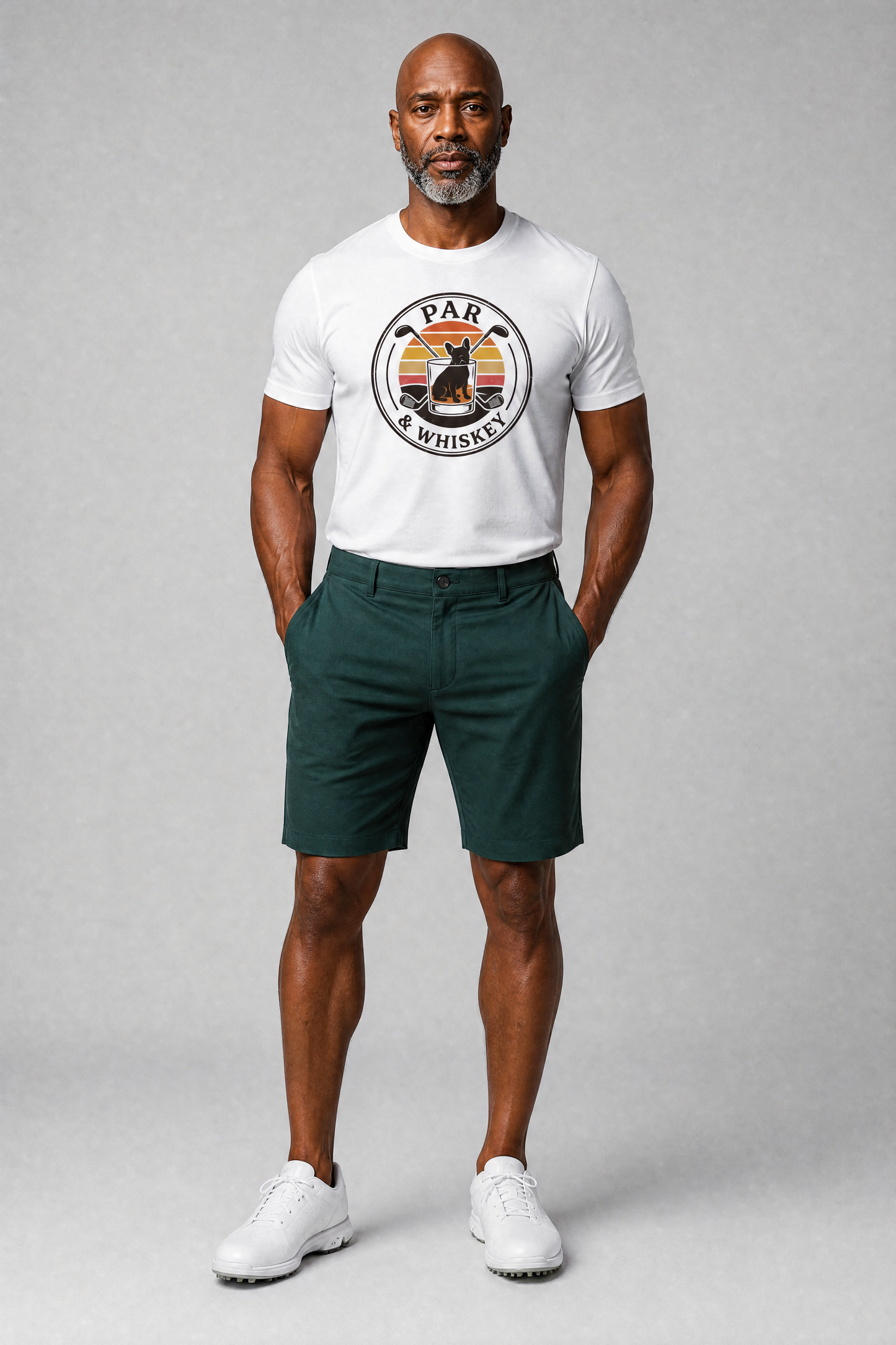 White t-shirt with french bulldog golf par and whiskey retro print, unisex crew neck
