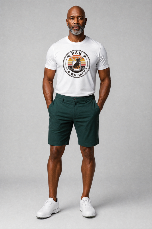 White t-shirt with french bulldog golf par and whiskey retro print, unisex crew neck