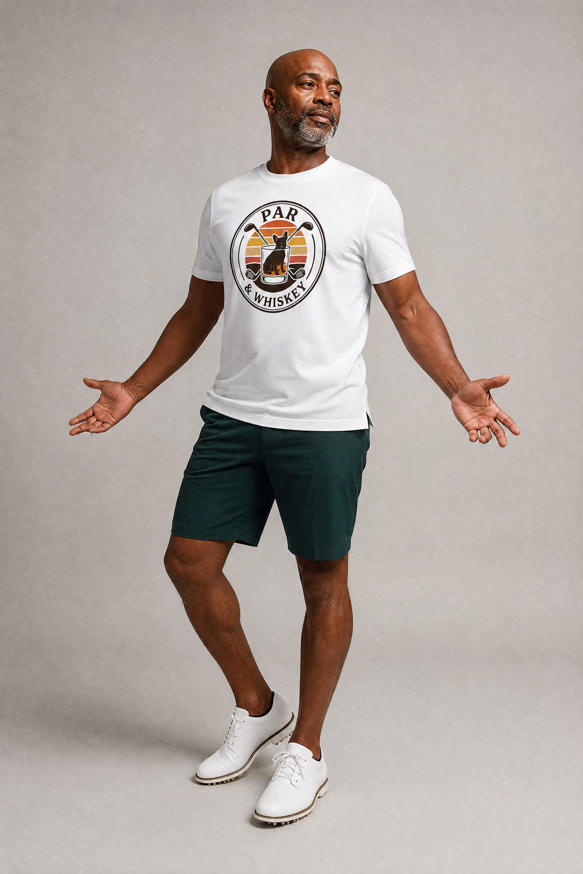 Man wearing white t-shirt with french bulldog golf retro print