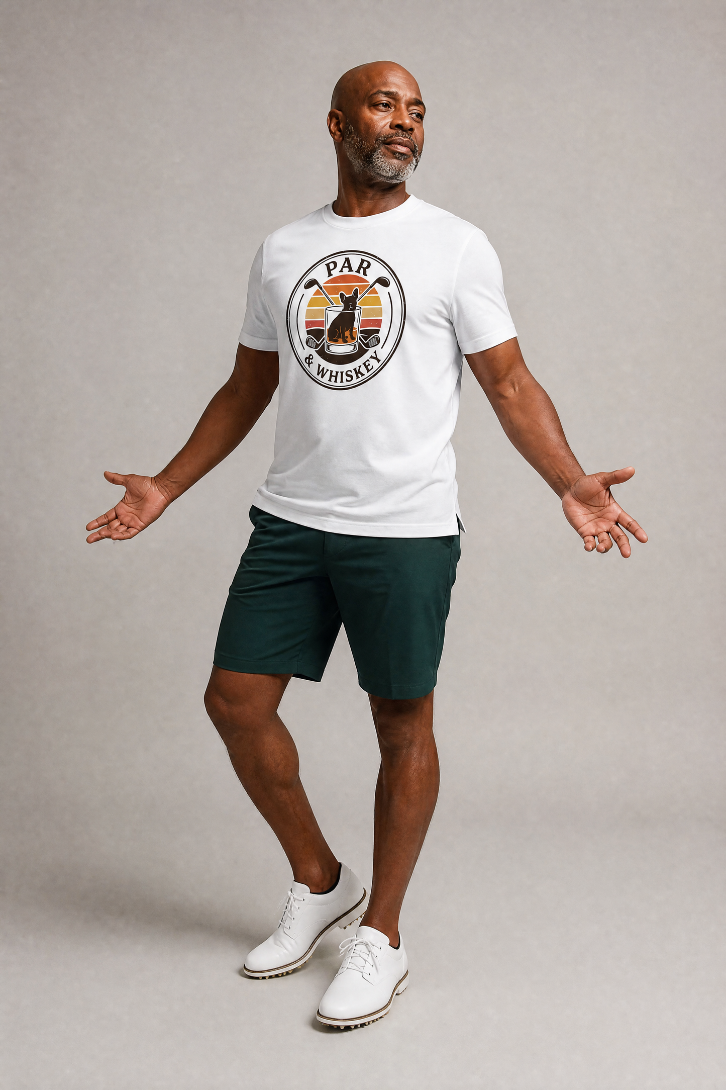 Man wearing white t-shirt with french bulldog golf retro print