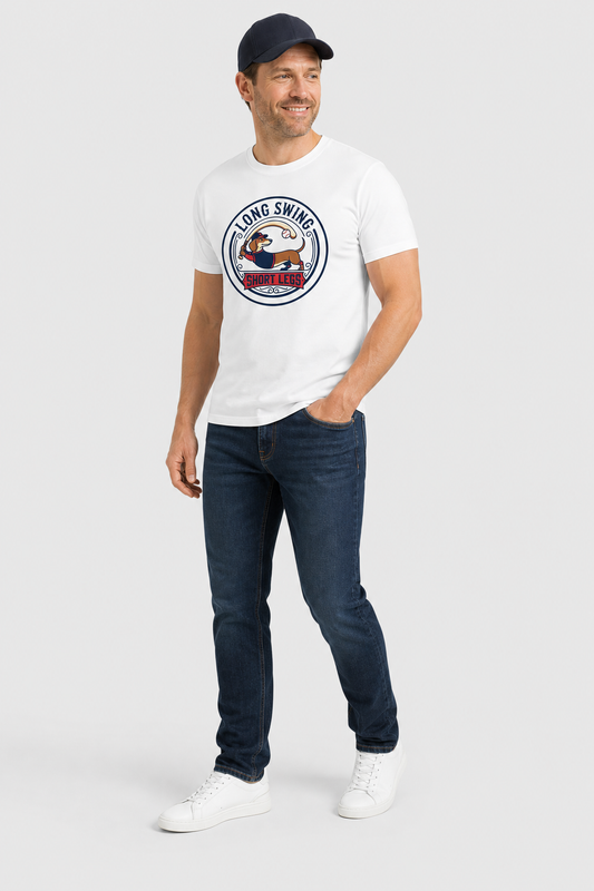 Man wearing a white t-shirt with a logo and dark jeans on a light gray background