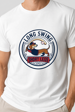 Man wearing white t-shirt with Long Swing Short Legs dachshund print