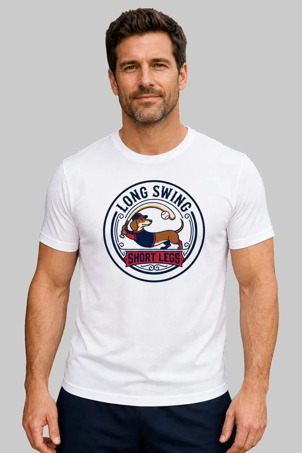 Woman wearing white Long Swing Short Legs dachshund baseball t-shirt