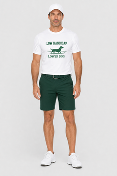 White dachshund golf t-shirt with low handicap lower dog print, unisex crew neck