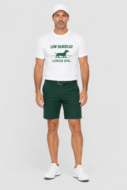 White dachshund golf t-shirt with low handicap lower dog print, unisex crew neck