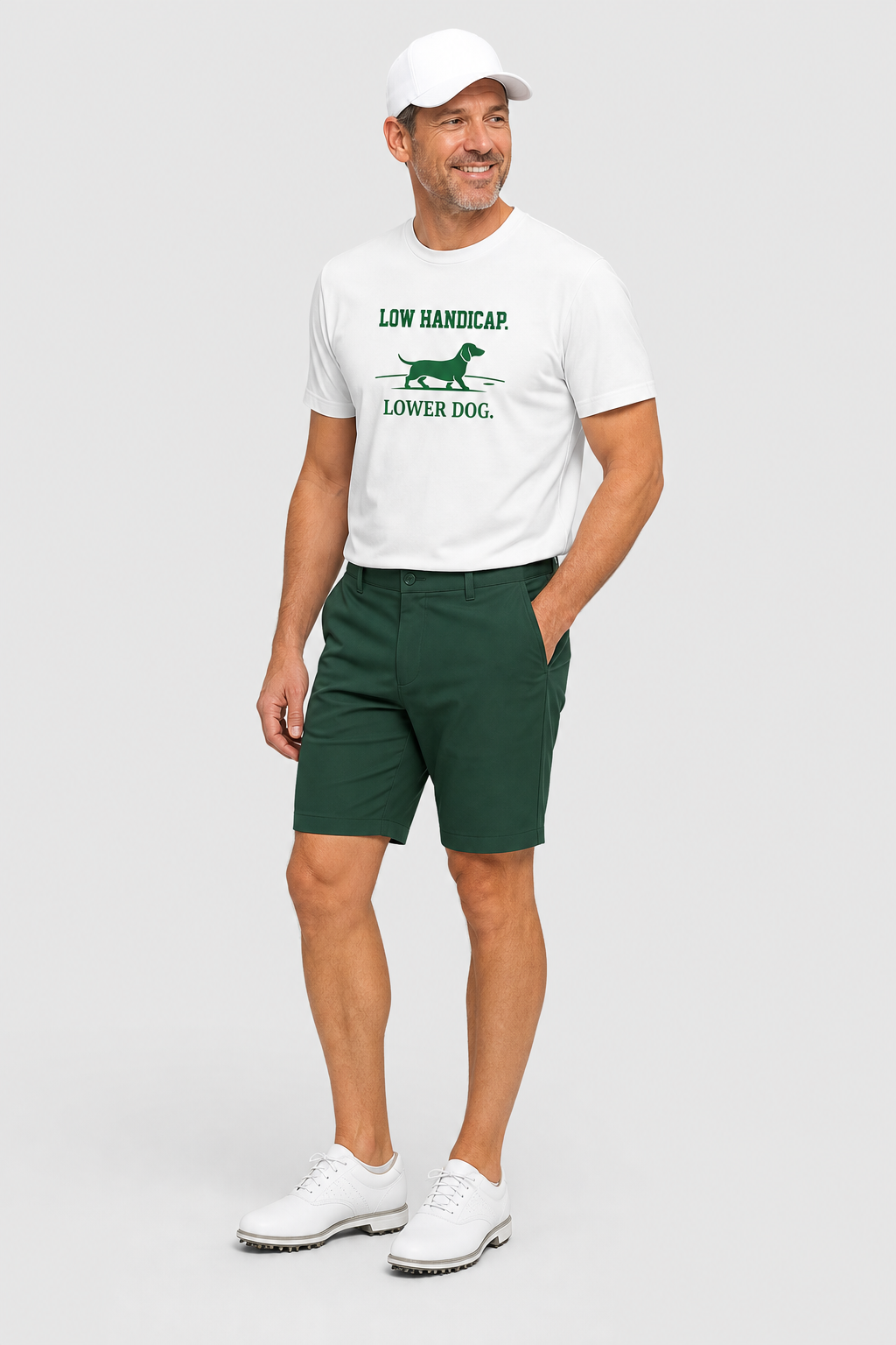 Woman wearing white low handicap lower dog dachshund golf tee