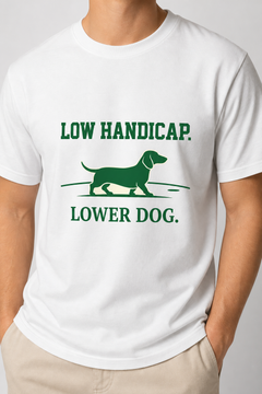 Man wearing white dachshund golf t-shirt with low handicap print