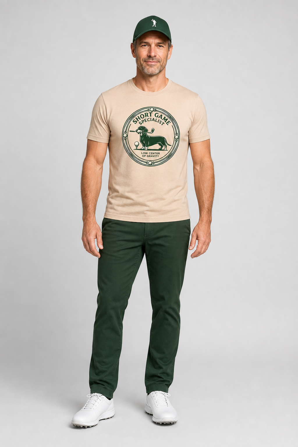 White dachshund golf t-shirt with short game specialist print, unisex crew neck