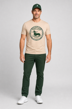 White dachshund golf t-shirt with short game specialist print, unisex crew neck