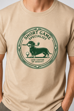 Man wearing white dachshund golf t-shirt with short game specialist print