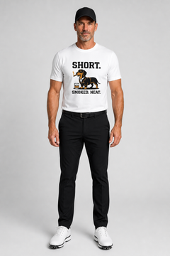 White t-shirt with Short Smoked Neat dachshund whiskey print, unisex crew neck