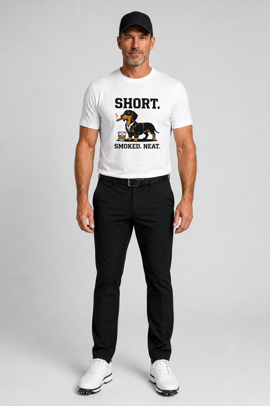 White t-shirt with Short Smoked Neat dachshund whiskey print, unisex crew neck