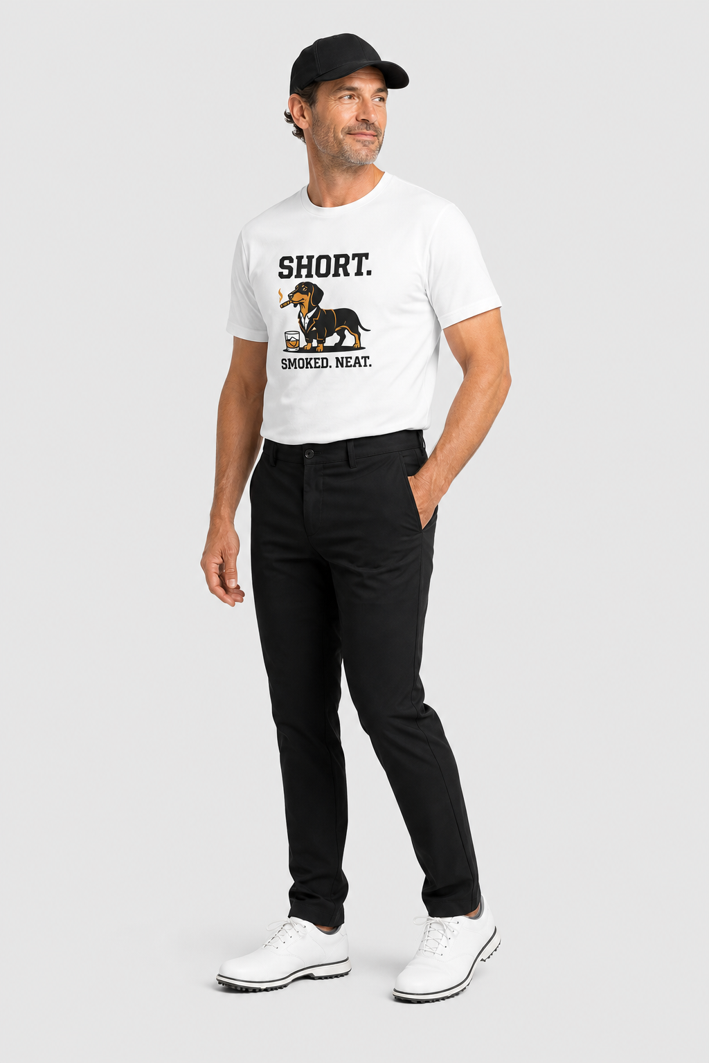 Woman wearing white Short Smoked Neat dachshund t-shirt