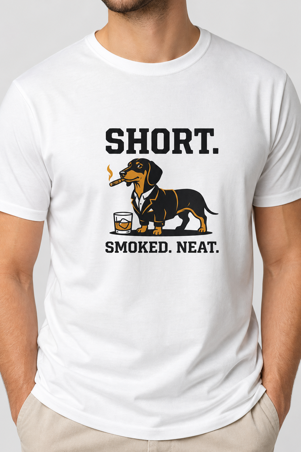 Man wearing white t-shirt with dachshund whiskey Short Smoked Neat print