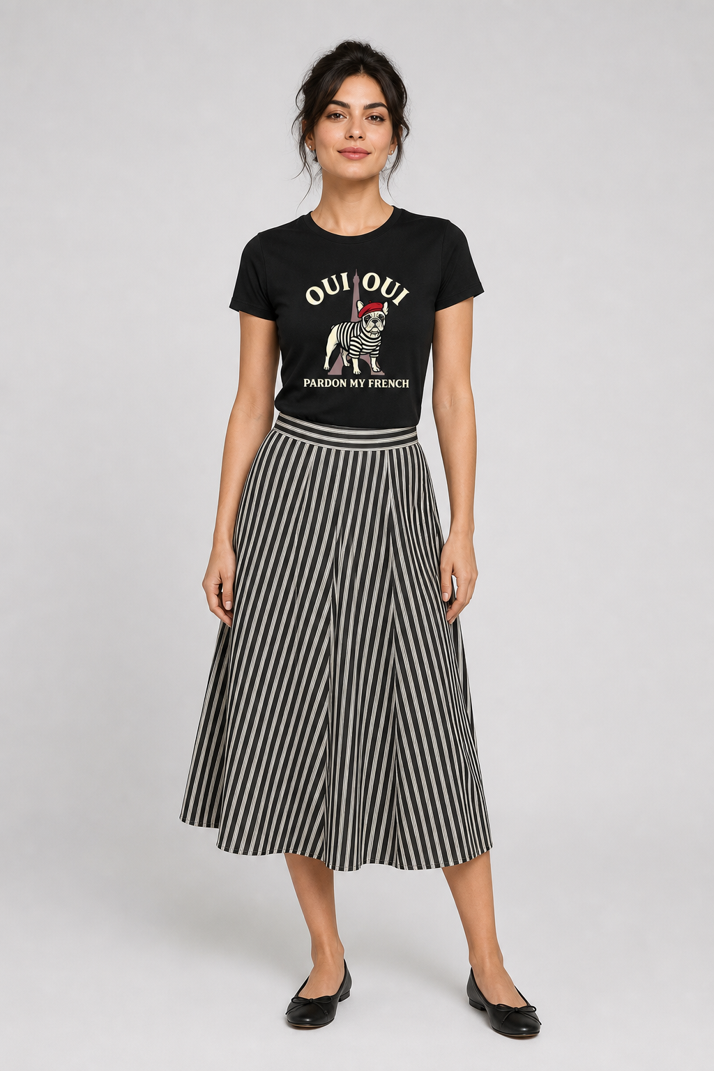 Woman wearing white Pardon My French t-shirt