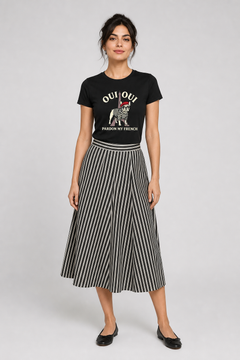 Woman wearing white Pardon My French t-shirt