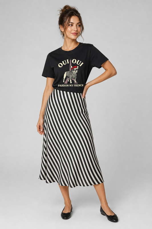 White t-shirt with Pardon My French french bulldog print, unisex crew neck