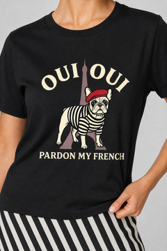 Man wearing white t-shirt with Pardon My French print