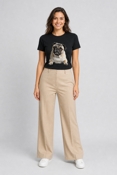 Woman wearing white cute pug dog lover t-shirt
