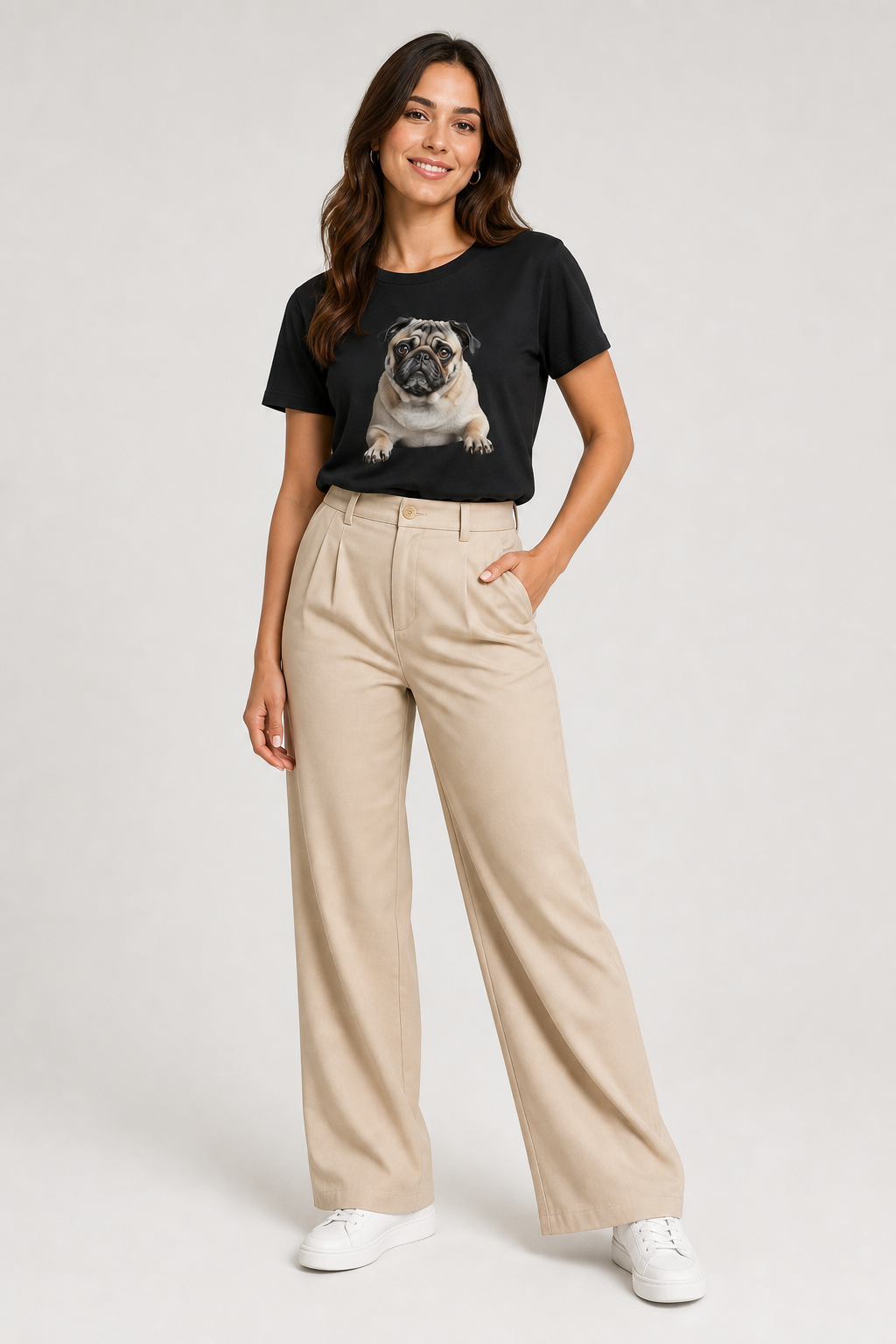 White t-shirt with cute pug print, unisex crew neck