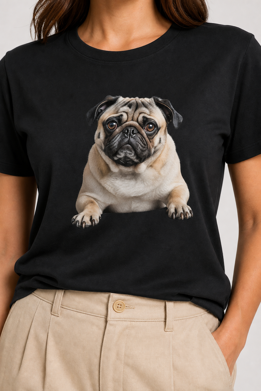 Woman wearing white pug portrait t-shirt, lifestyle photo