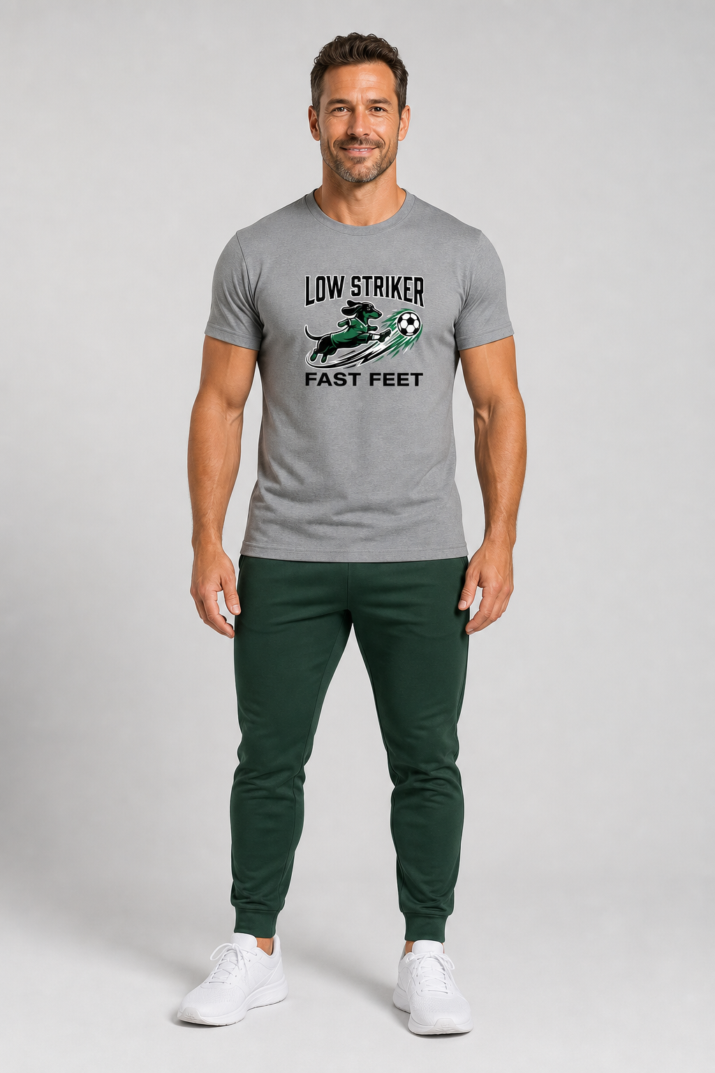 White t-shirt with Low Striker Fast Feet dachshund soccer print, unisex crew neck
