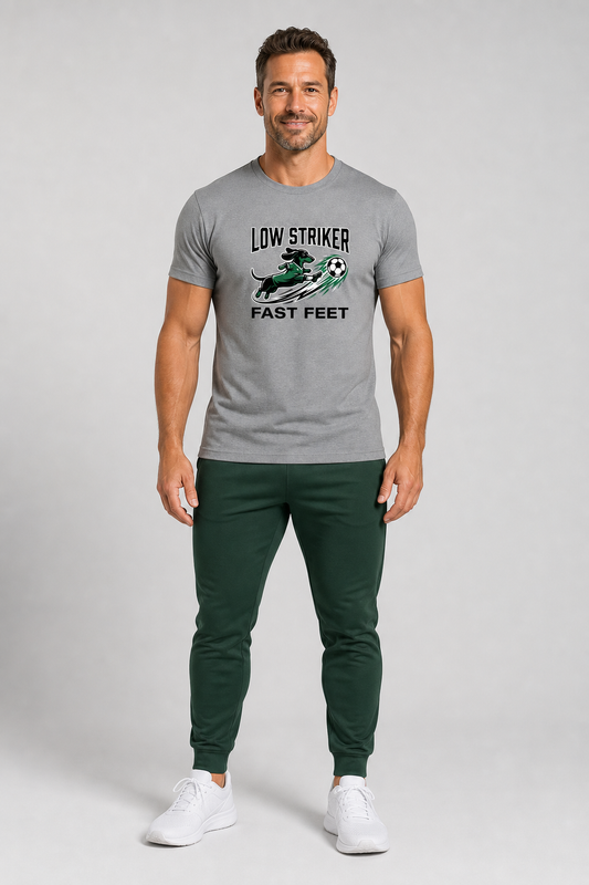 White t-shirt with Low Striker Fast Feet dachshund soccer print, unisex crew neck