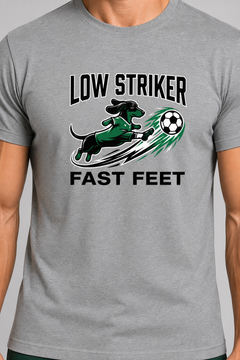 Man wearing white t-shirt with dachshund soccer print
