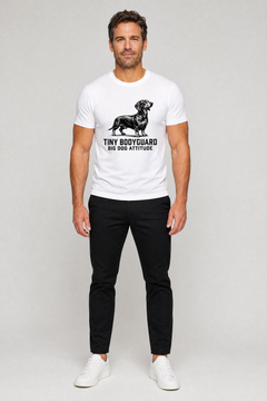 White t-shirt with Tiny Bodyguard Big Dog Attitude dachshund print, unisex crew neck