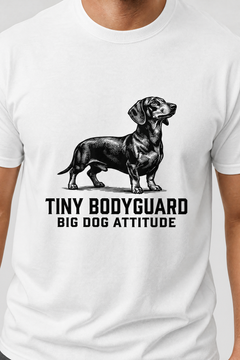 Man wearing white t-shirt with Tiny Bodyguard Big Dog Attitude print