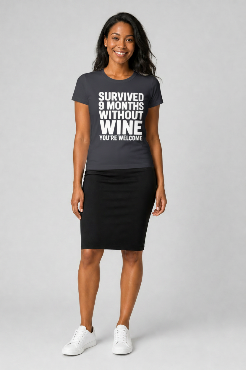 Heather gray t-shirt with Survived 9 Months Without Wine print, unisex crew neck
