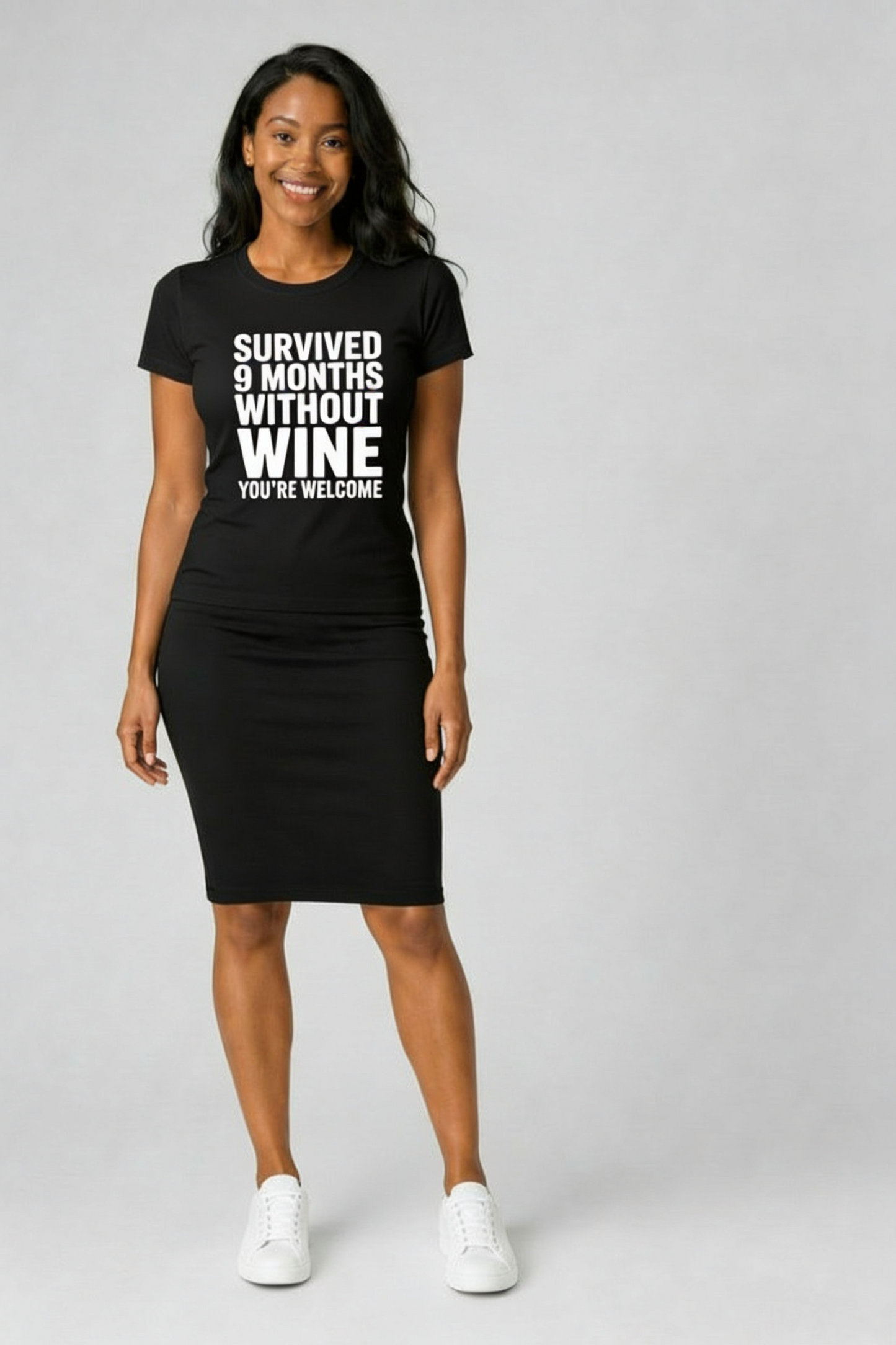 Survived 9 Months Without Wine print close-up on black t-shirt