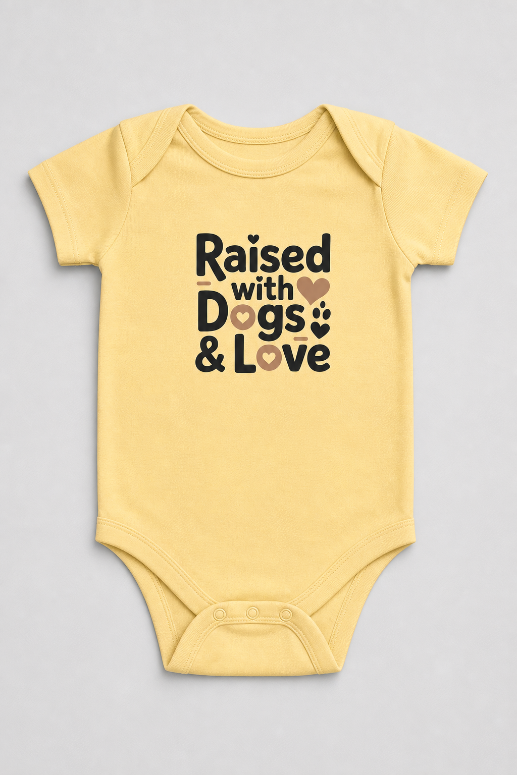 Pink baby bodysuit with Raised With Dogs and Love print, snap closure