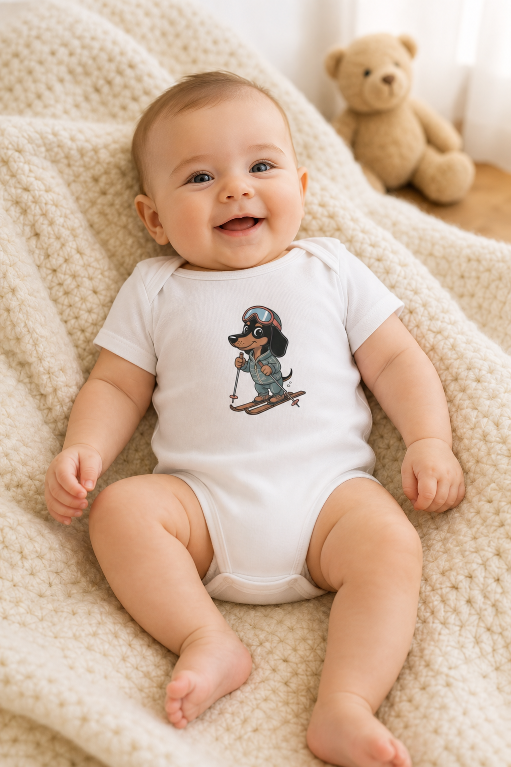 White baby bodysuit with cute skiing dachshund print, snap closure