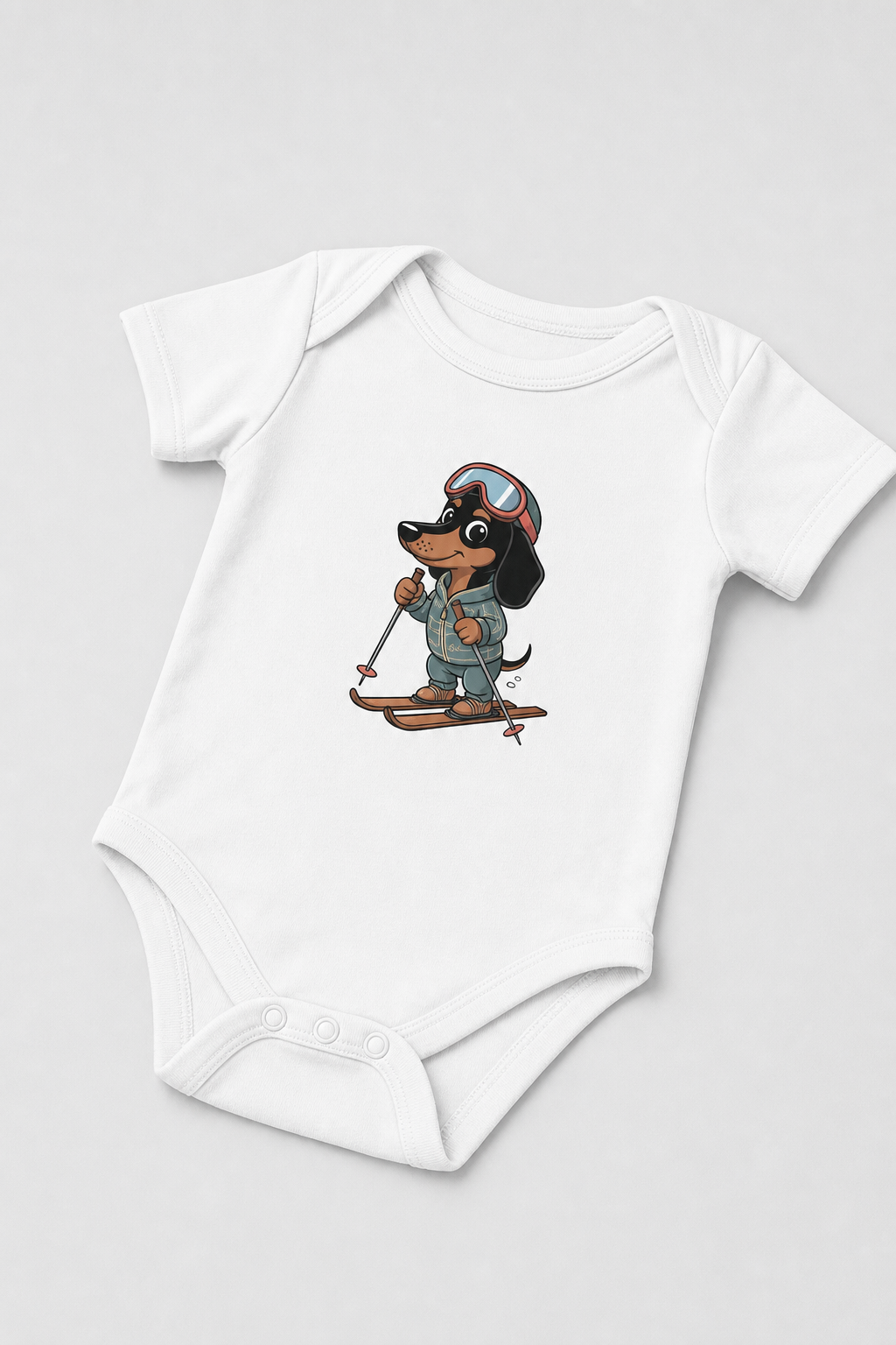 Baby wearing white skiing dachshund bodysuit, snap closure