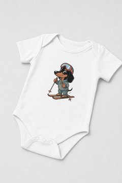 Baby wearing white skiing dachshund bodysuit, snap closure