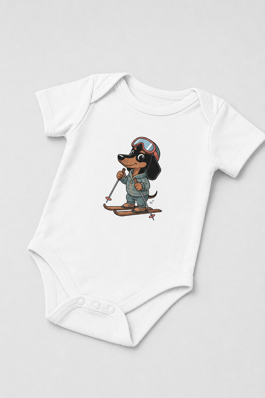 Baby wearing white skiing dachshund bodysuit, snap closure
