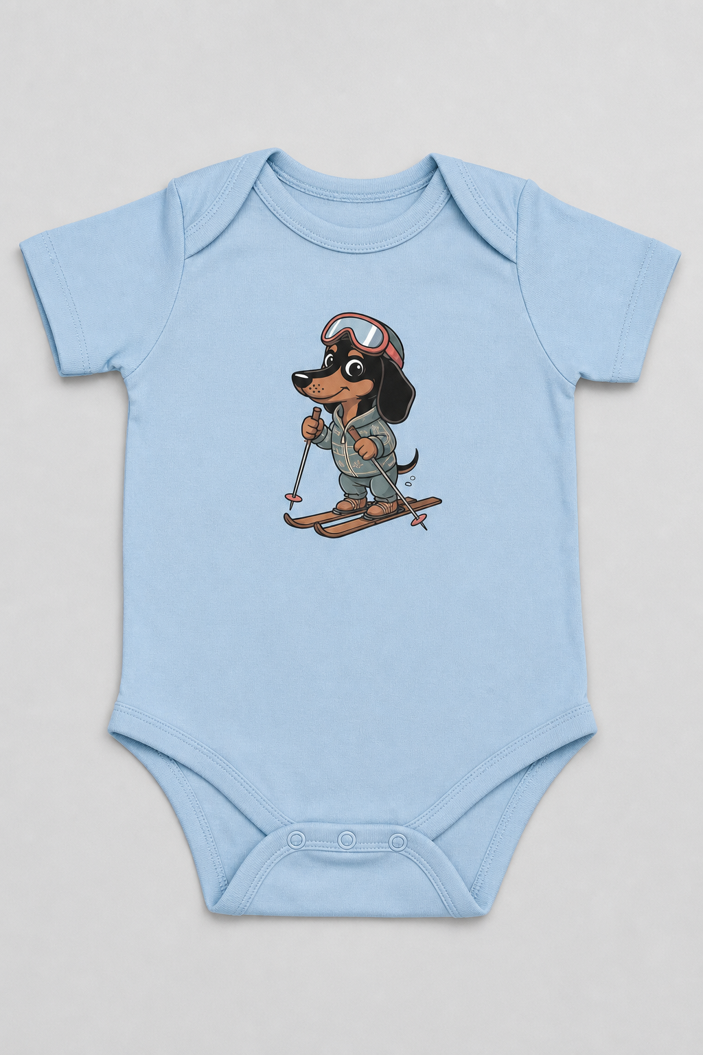 Pink baby bodysuit with cute skiing dachshund print, snap closure