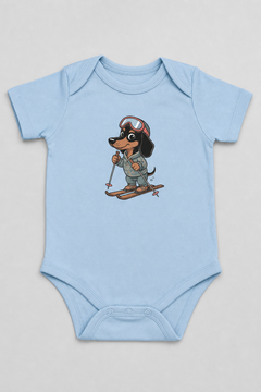Pink baby bodysuit with cute skiing dachshund print, snap closure
