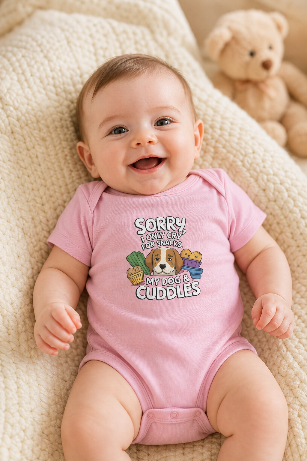 White baby bodysuit with Sorry I Only Cry for Snacks and My Dog print, snap closure