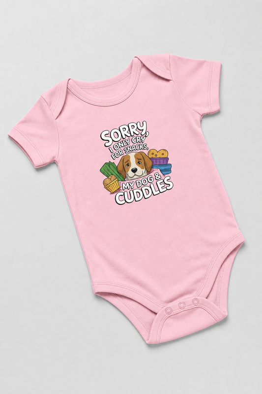 Baby wearing white Sorry I Only Cry for Snacks bodysuit, snap closure