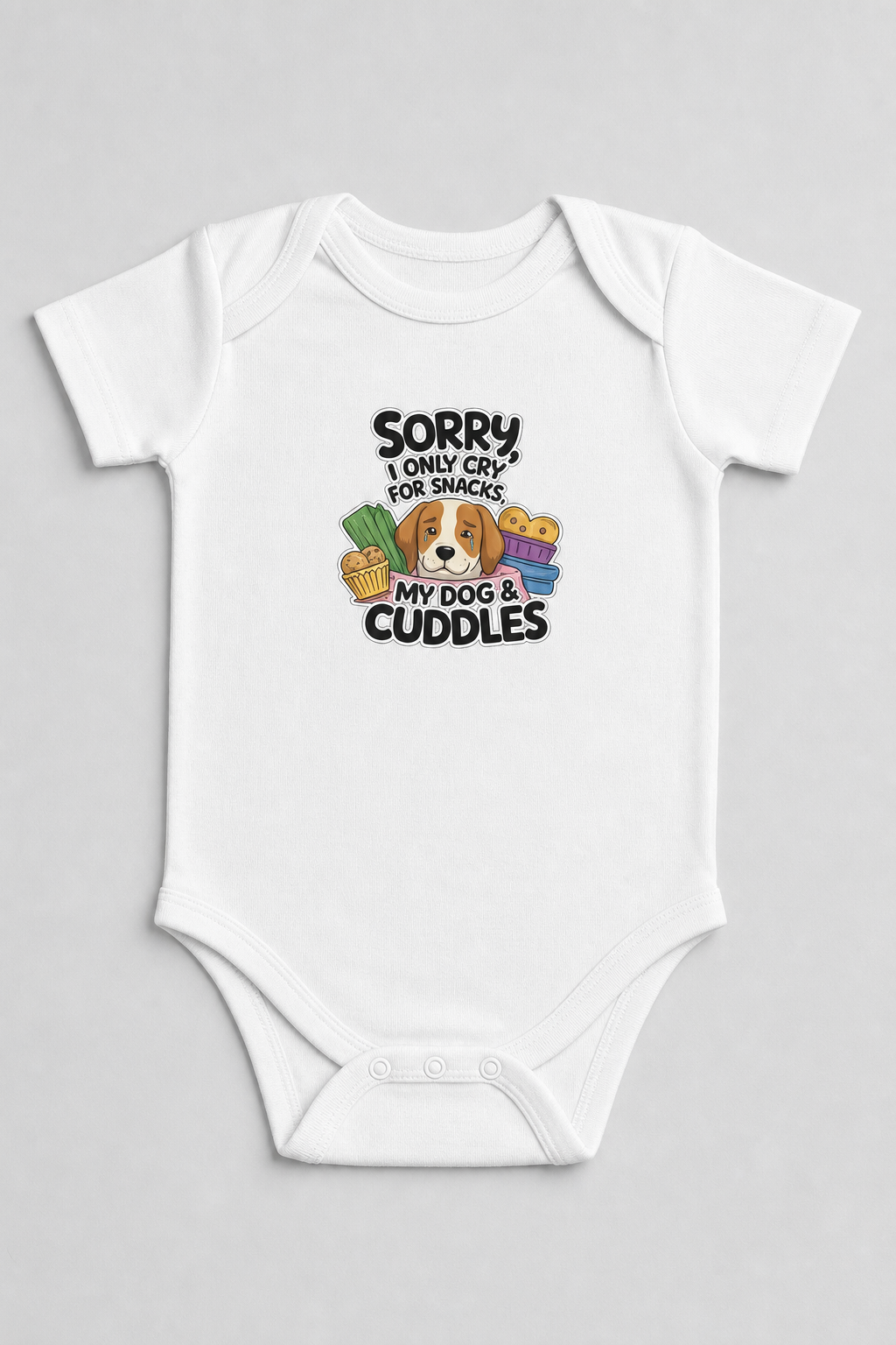 Pink baby bodysuit with Sorry I Only Cry for Snacks and My Dog print, snap closure
