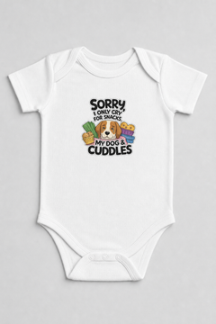 Pink baby bodysuit with Sorry I Only Cry for Snacks and My Dog print, snap closure