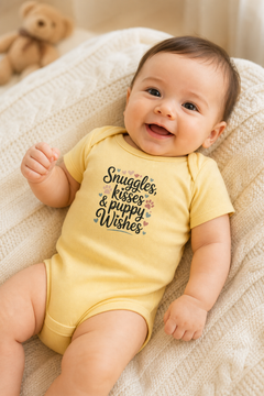 White baby bodysuit with Snuggles Kisses Puppy Wishes print, snap closure