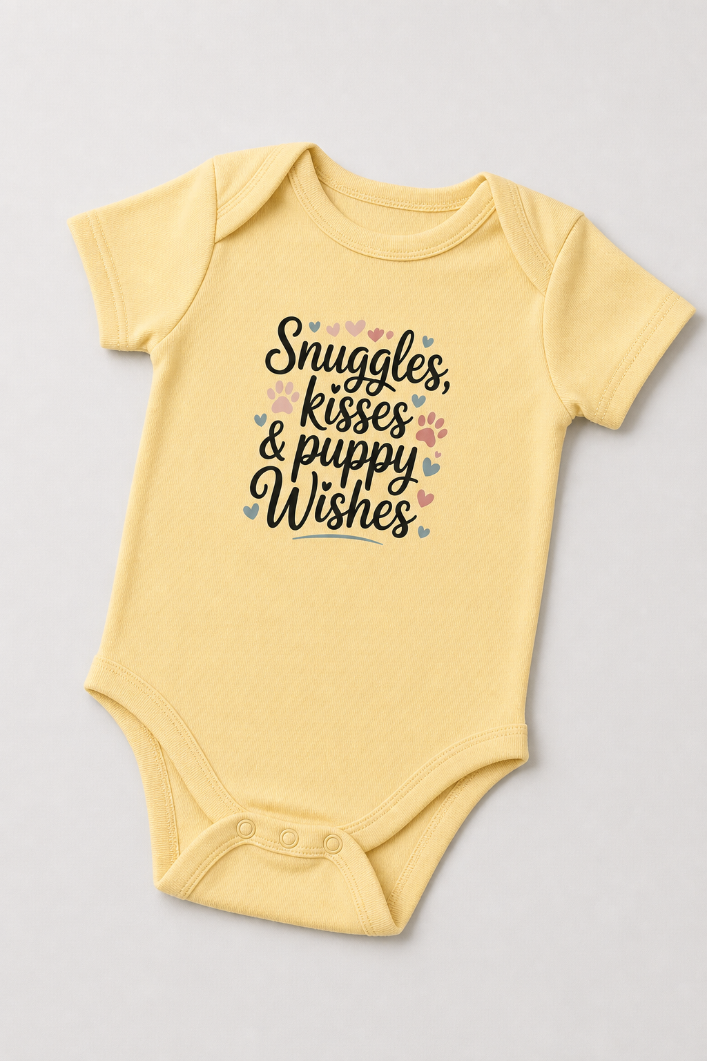 Baby wearing white Snuggles Kisses Puppy Wishes bodysuit, snap closure