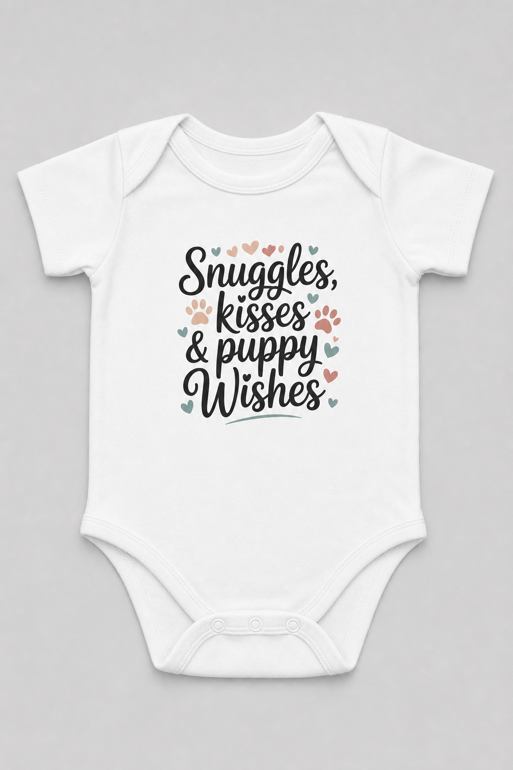 Pink baby bodysuit with Snuggles Kisses Puppy Wishes print, snap closure
