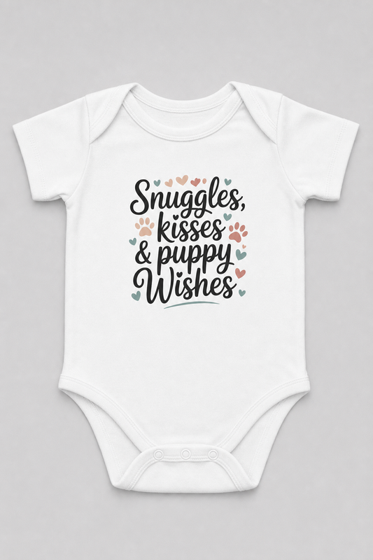 Pink baby bodysuit with Snuggles Kisses Puppy Wishes print, snap closure